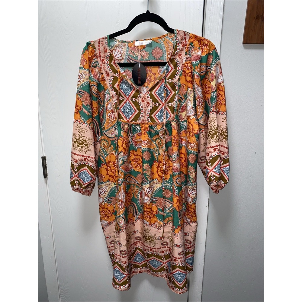 Bluetime Boho Floral Patchwork Mini Dress Balloon Sleeve Medium Paisley Rose